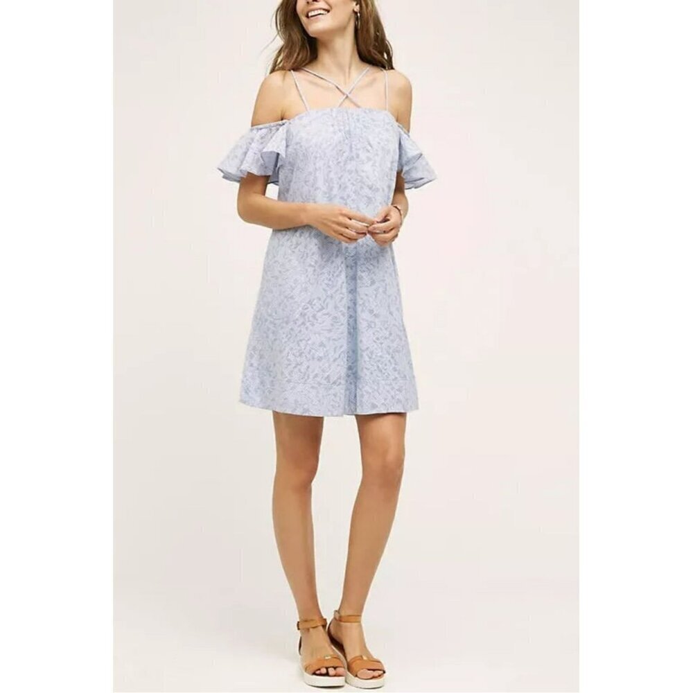 HD In Paris for Anthropologie Blue White M Dress Off Shoulder Ruffle Sleeves